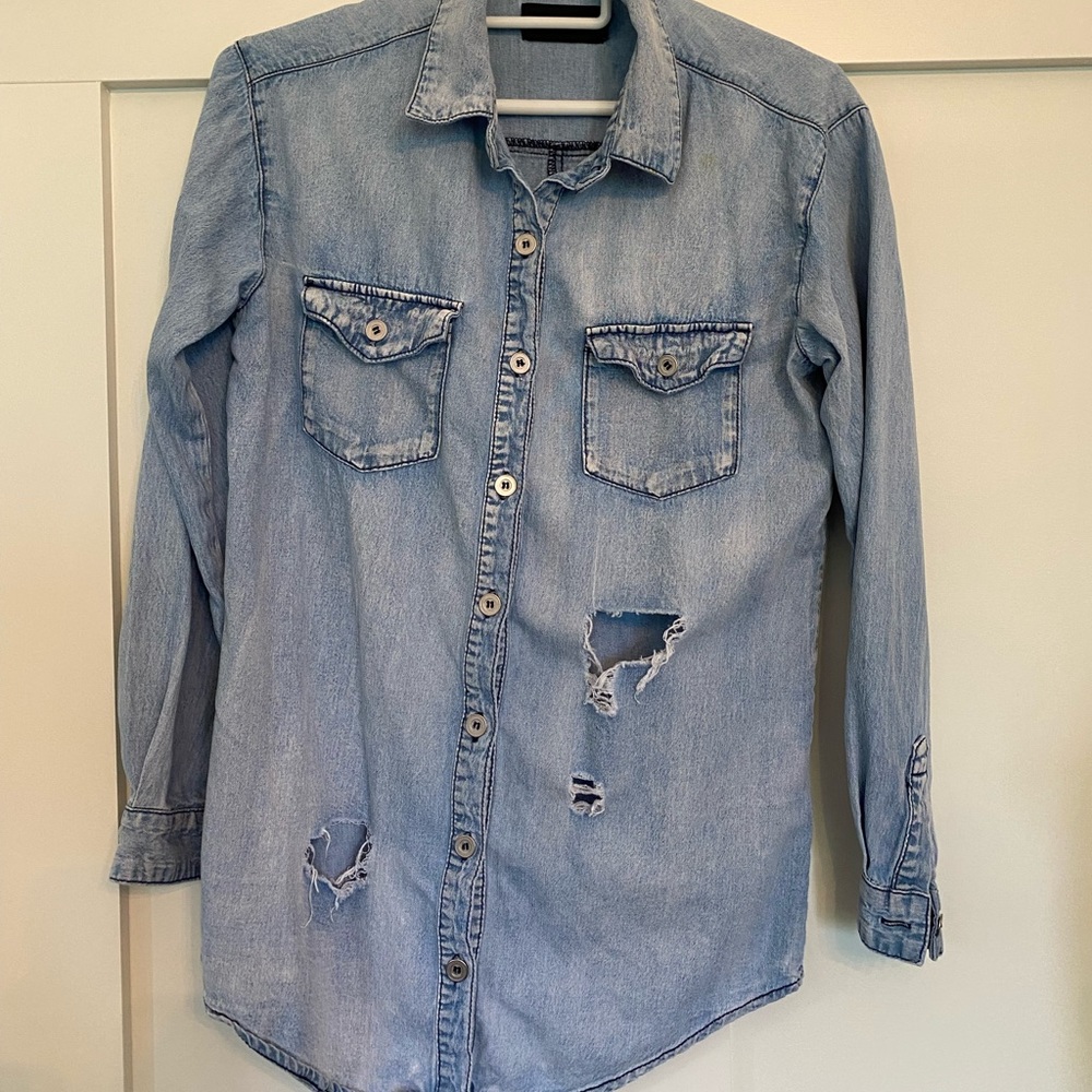 Distressed denim shirt